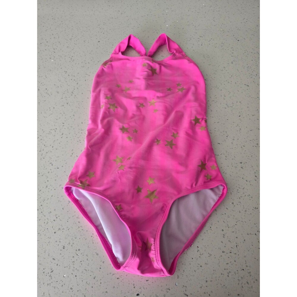 Girls Pink One Piece Swimsuit Gold Star Print Open Back Size M
